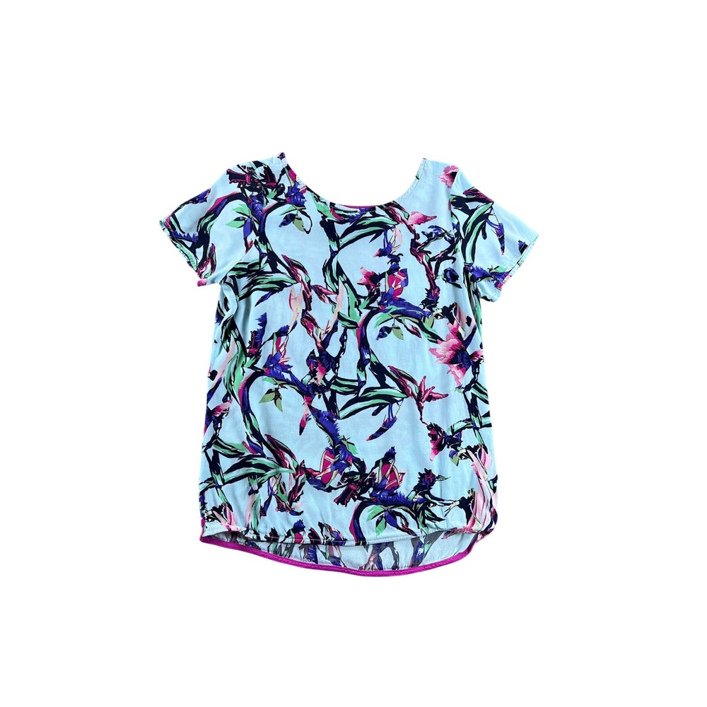 Violet + Claire Womens Small Blue Floral Short Sleeve Keyhole Back Blouse Top